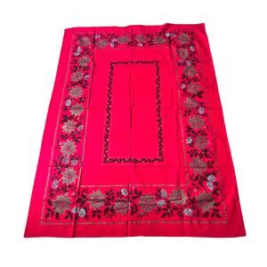 Vintage Christmas Holiday Tablecloth red with gold leaves & silver pinecones